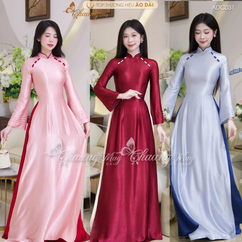 Áo dài dáng ôm truyền thống lụa Titan vân mây tráng gương may sẵn ADC031 áo dài phối cổ tay cúc đỏ giáo viên dự tiệc