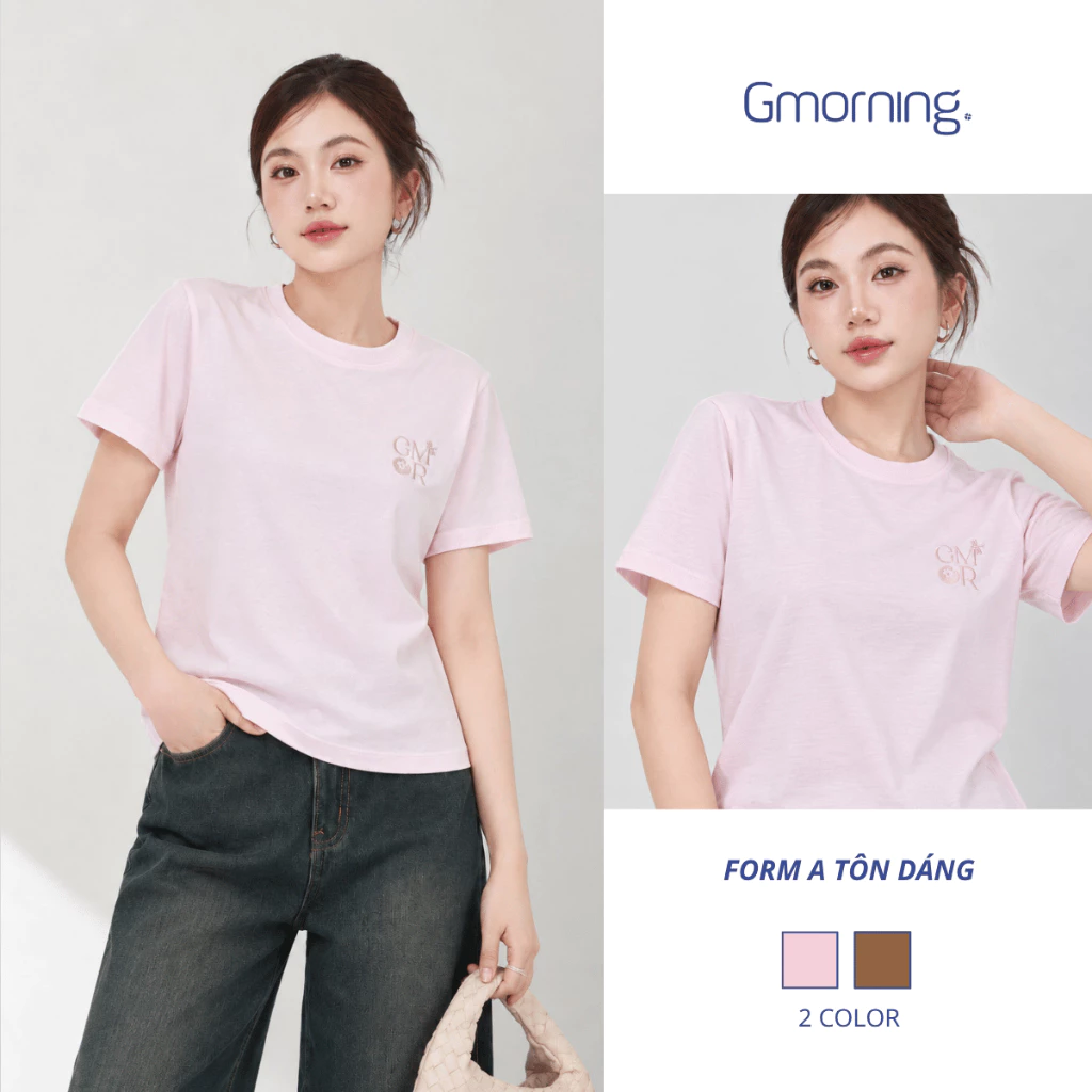 Áo Thun Nữ Gmorning YATG09075 Form Suông Cổ Tròn Tay Ngắn Thêu Chữ GMOR Cotton 2C Áo Phông Nữ Basic Hằng Ngày