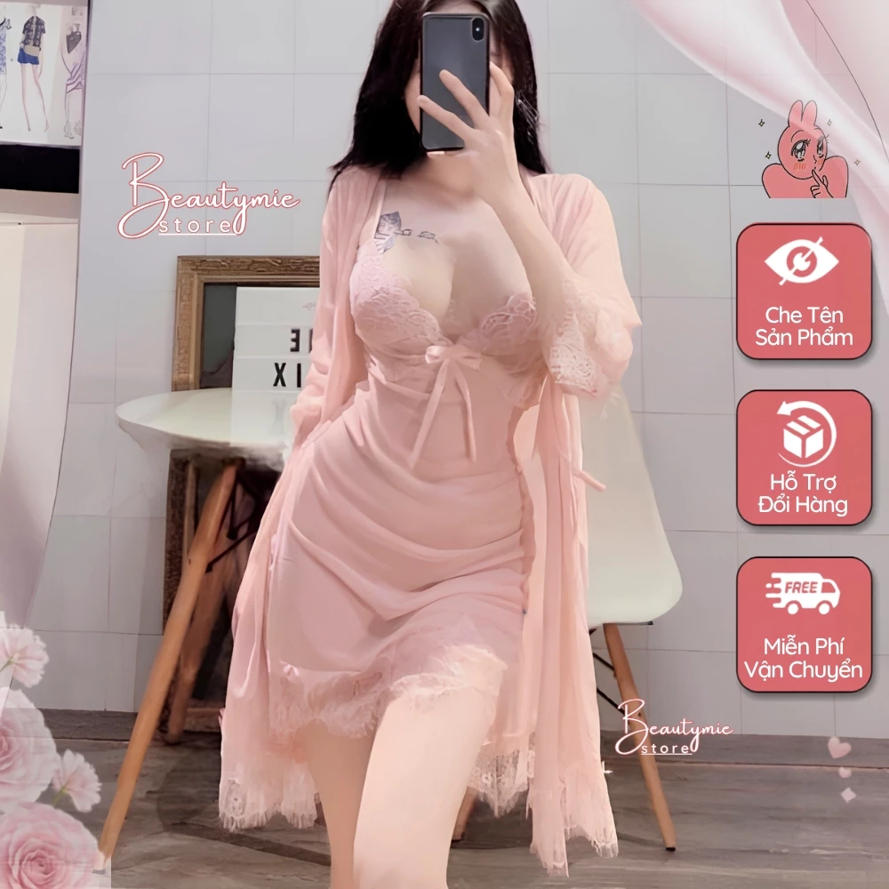 DN06 Set váy ngủ kèm áo choàng ren sexy cao cấp Đầm mặc nhà gợi cảm quyến rũ