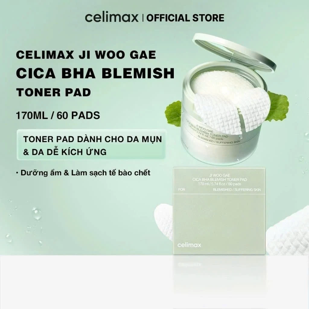 [LIVE] Toner Pad Dưỡng Ẩm, Làm Sạch Tế Bào Chết CELIMAX Ji Woo Gae Cica Bha Blemish Toner Pad 60pads