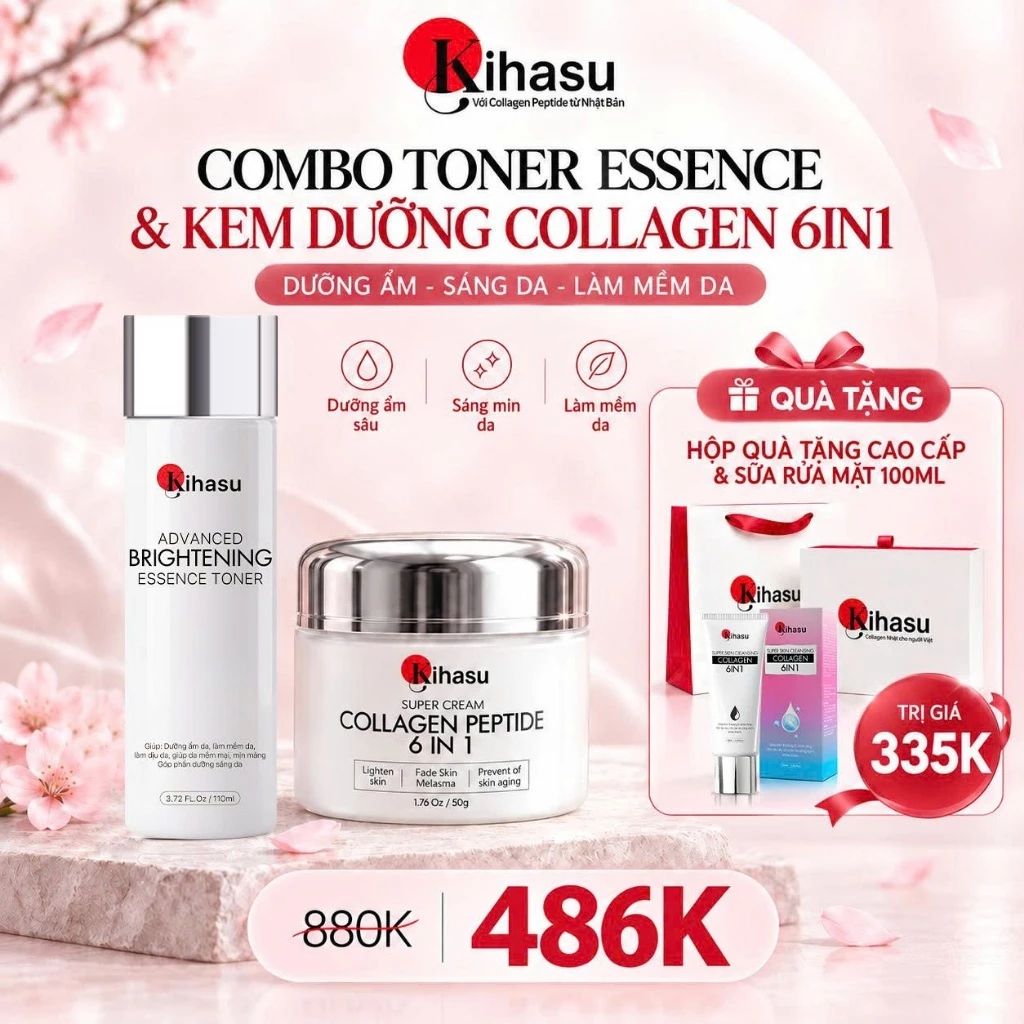 Combo Toner Essence 110ml Và Kem Dưỡng Collagen Peptide Kihasu 50g 6in1 Dưỡng Ẩm, Hỗ Trợ Làm Sáng Da