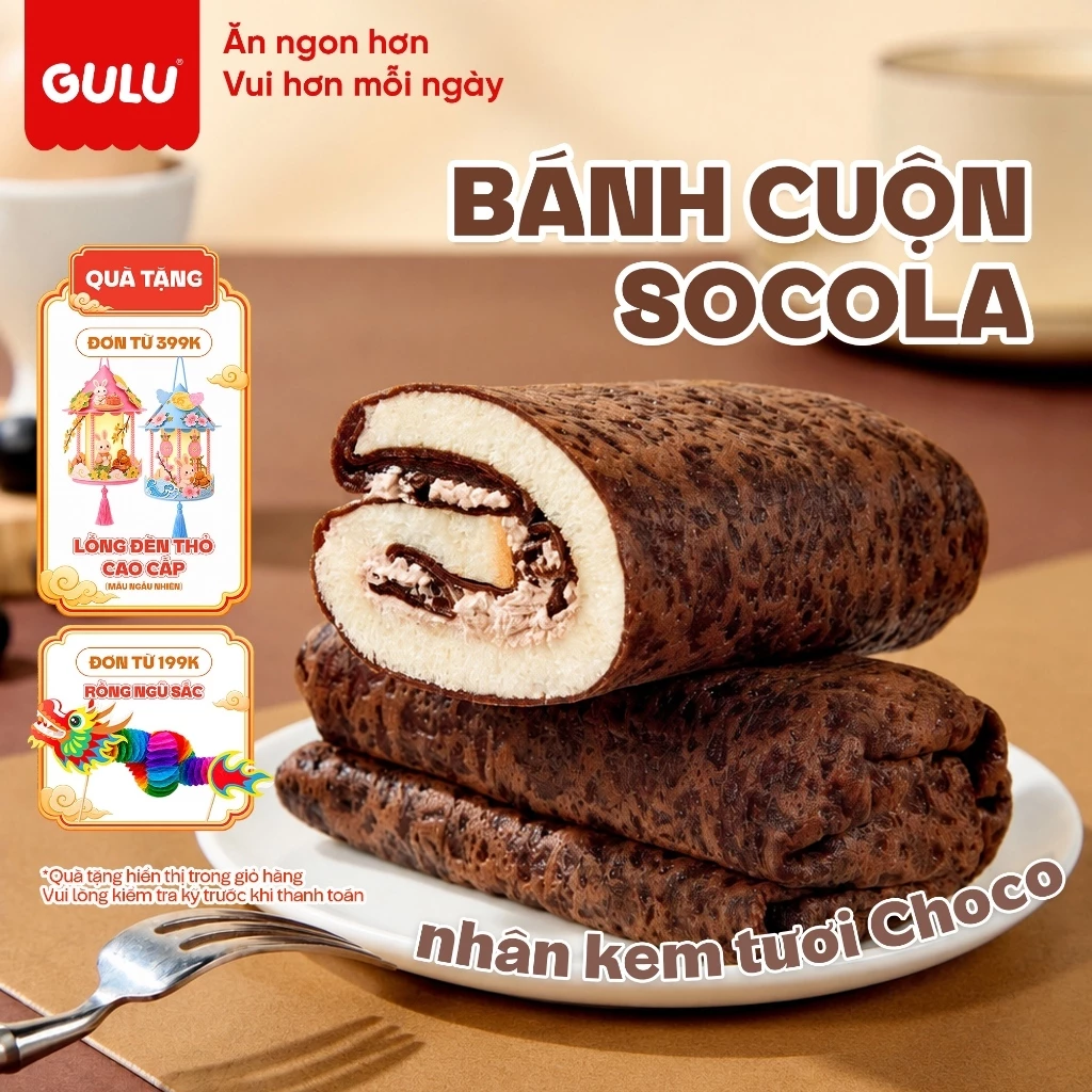 [Mới] Bánh Cuộn Socola Nhân Kem Tươi Choco gulu Mềm Mịn Cùng Vụn Cookie Choco Ngọt Nhẹ