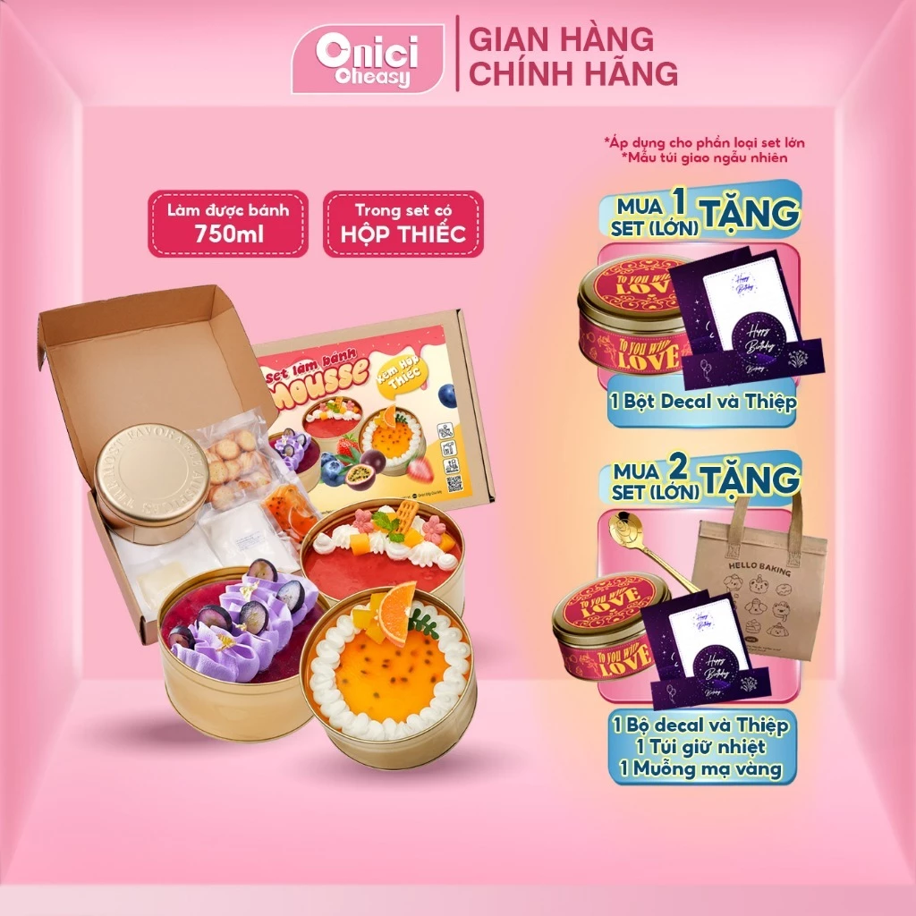 Set làm bánh mousse HỘP THIẾC 3 vị dâu, việt quất, chanh dây tự chọn ONICI thành phẩm 750ml/bánh