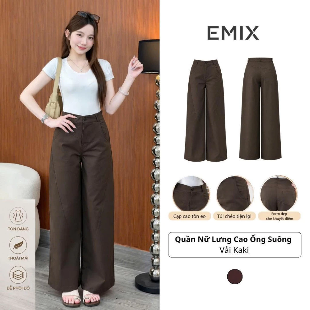 Quần Nữ Lưng Cao Ống Suông Màu Nâu Choco Basic Chất KaKi mềm Quankaki093 Retrostyle