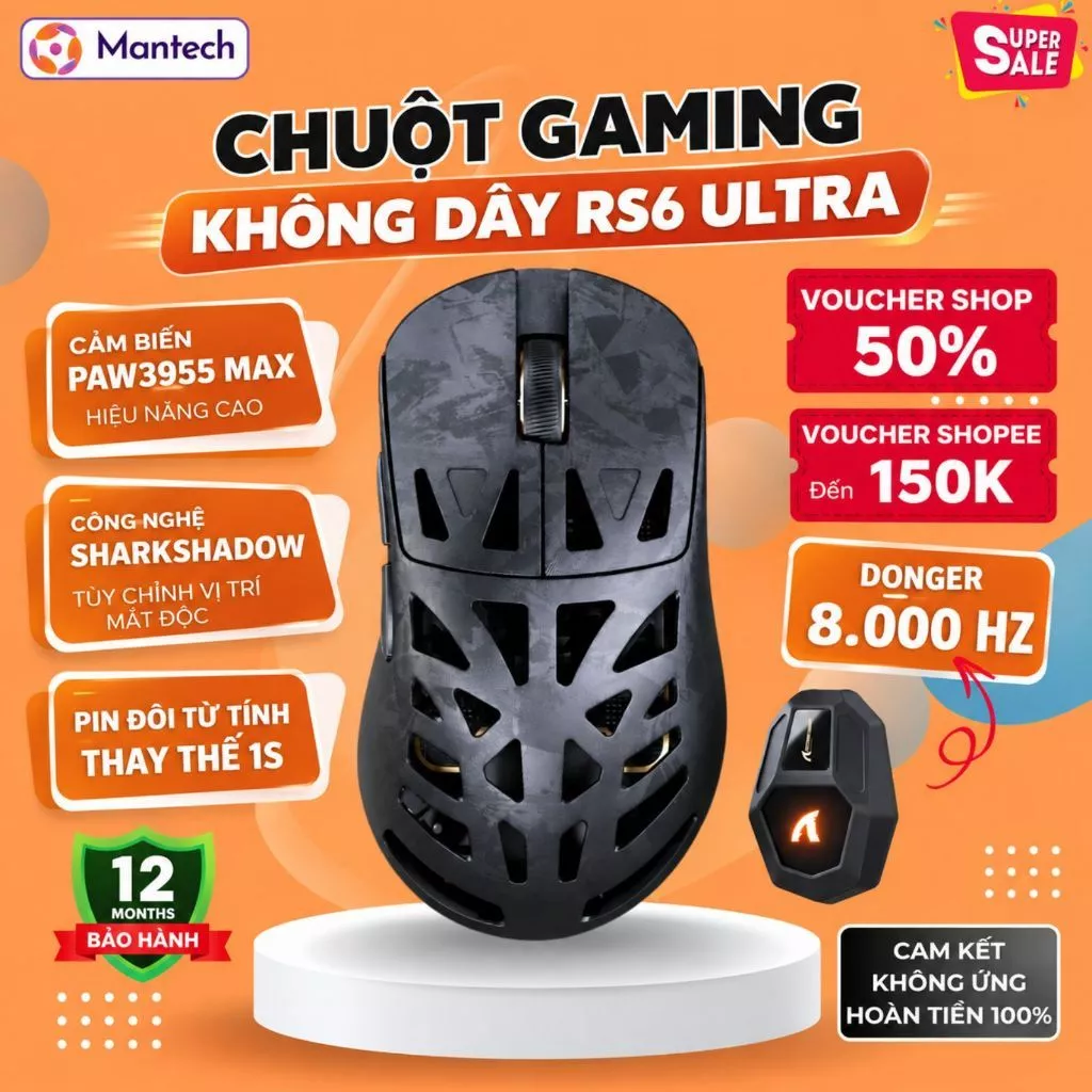 Chuột Gaming Không Dây Attack Shark RS6 Ultra - Carbon Fiber, PAW3955MAX 52K DPI, Nordic 54L15, 8KHz
