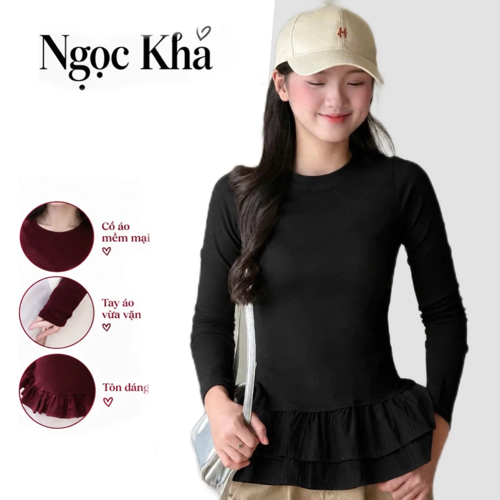 Áo Thun Nữ Dài Tay Cổ Tròn Viền Bèo – Form Ôm Tôn Dáng, Áo Basic Nữ Tính a48