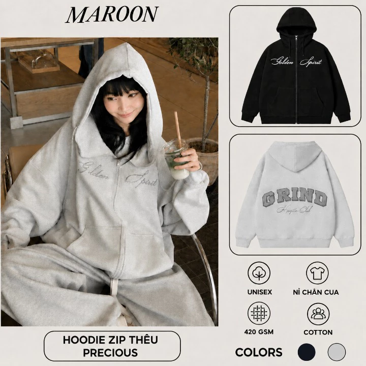 ( Không Xù Lông ) Áo Khoác Hoodie Zip GRIND Nỉ Chân Cua Cổ Cao Thêu Dạ Chât Nỉ Dày Dặn Không Bai Xù