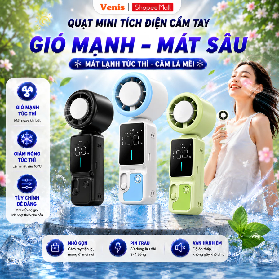 Quạt Mini Cầm Tay Tích Điện Pin 3000mAh Có Dây Đeo, 199 Tốc Độ Gió, Màn Hình LED Hiển Thị