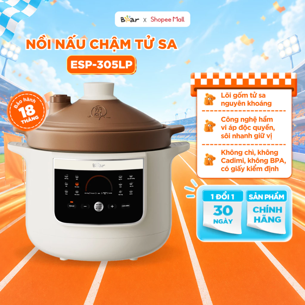 Nồi Nấu Chậm Tử Sa BEAR 3L Nấu Cháo Chậm Đa Năng Công Nghệ Vi Áp Tiên Tiến Kho Hầm Ninh Nồi Đất Tử Sa ESP-305LP