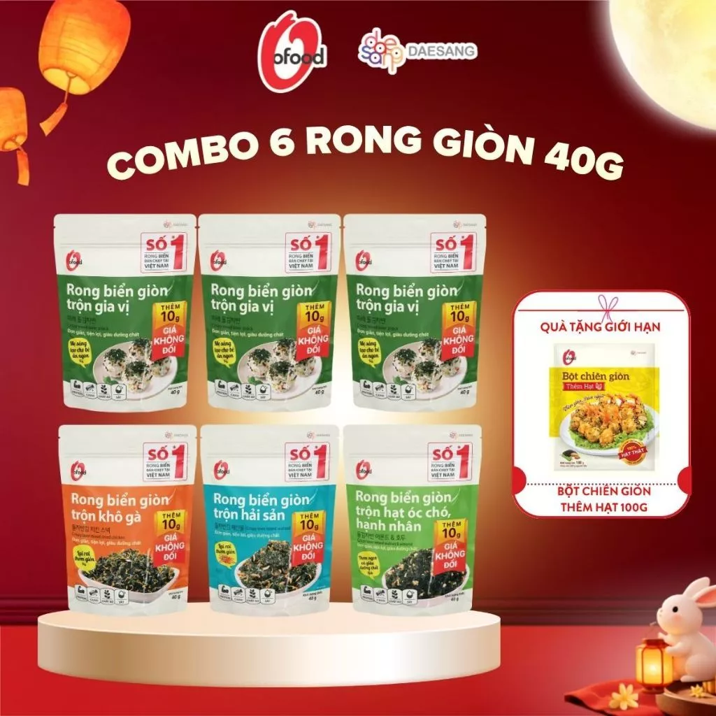 [O'FOOD VN] COMBO 6 GÓI RONG BIỂN GIÒN TRỘN GIA VỊ O'FOOD 40G – 3 GV + 3 HẢI SẢN/KHÔ GÀ/HẠT | TẶNG BỘT CHIÊN HẠT 100G