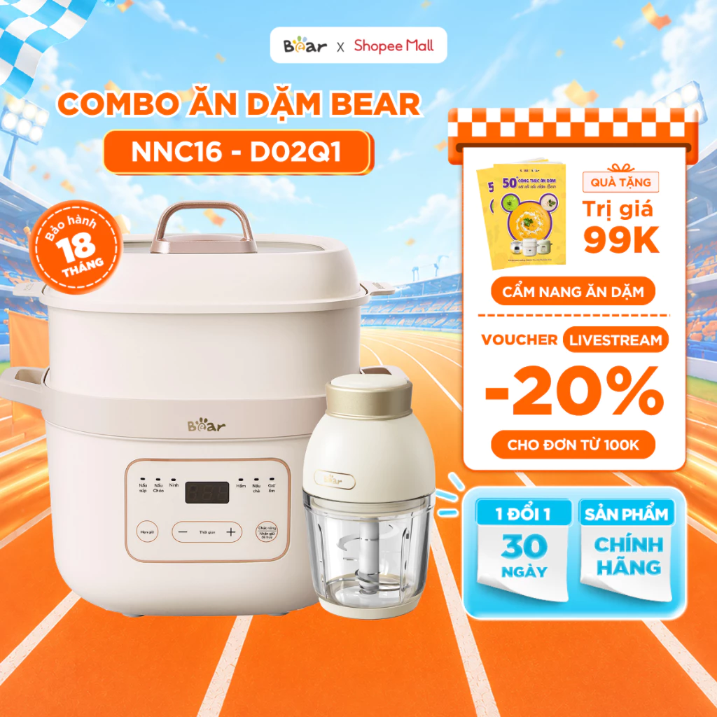 Combo Nồi Nấu Cháo Chậm BEAR 1.6L NNC16 & Máy Xay Ăn Dặm 6 Lưỡi D02Q1 Nồi Nấu Chậm Nồi Chưng Yến Hấp Hầm Cách Thuỷ