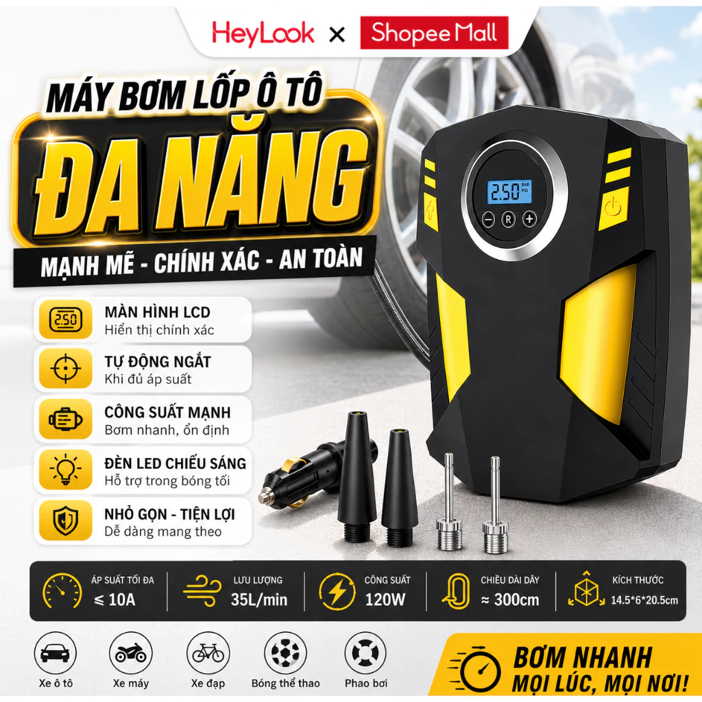 Máy Bơm Lốp Ô Tô Mini Cầm Tay 120W, Tự Ngắt Thông Minh Màn Hình LCD, Bơm Xe Hơi Xe Máy Xe Đạp