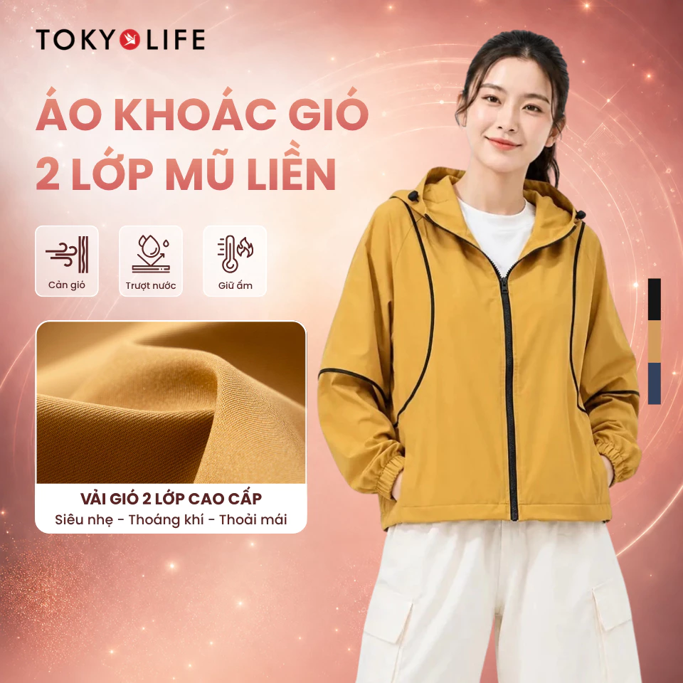Áo khoác gió nữ vải gió 2 lớp mũ liền có dây rút TOKYOLIFE 40002365