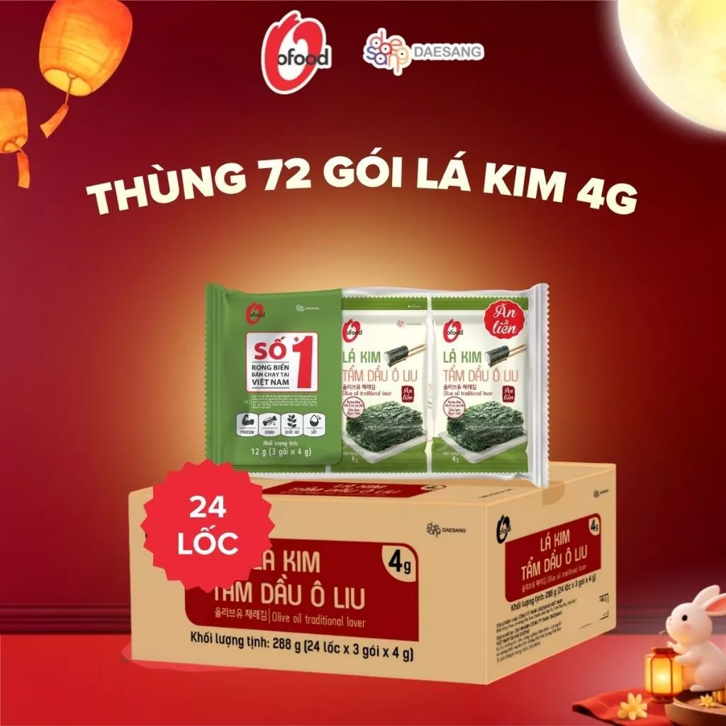 [Thùng 24 lốc 3] Lá kim tẩm dầu Oliu 4G O'Food, tổng 72 gói