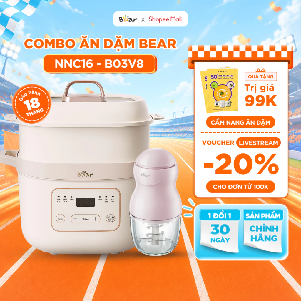 Combo Nồi Nấu Cháo 1.6L BEAR NNC16 Và Máy Xay Ăn Dặm 0.3L B03V8 8 Lưỡi Mini Cầm Tay Xay Cháo Nhuyễn Chưng Yến