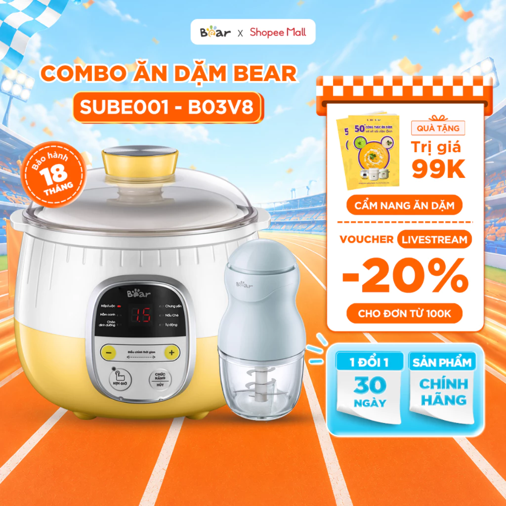 Combo Nồi Nấu Cháo Chậm BEAR SUBE001 Tiếng Việt 0.8L & Máy Xay Ăn Dặm BEAR B03V8 0.3L Nồi Chưng Yến Nấu Cháo Chậm Cho Bé