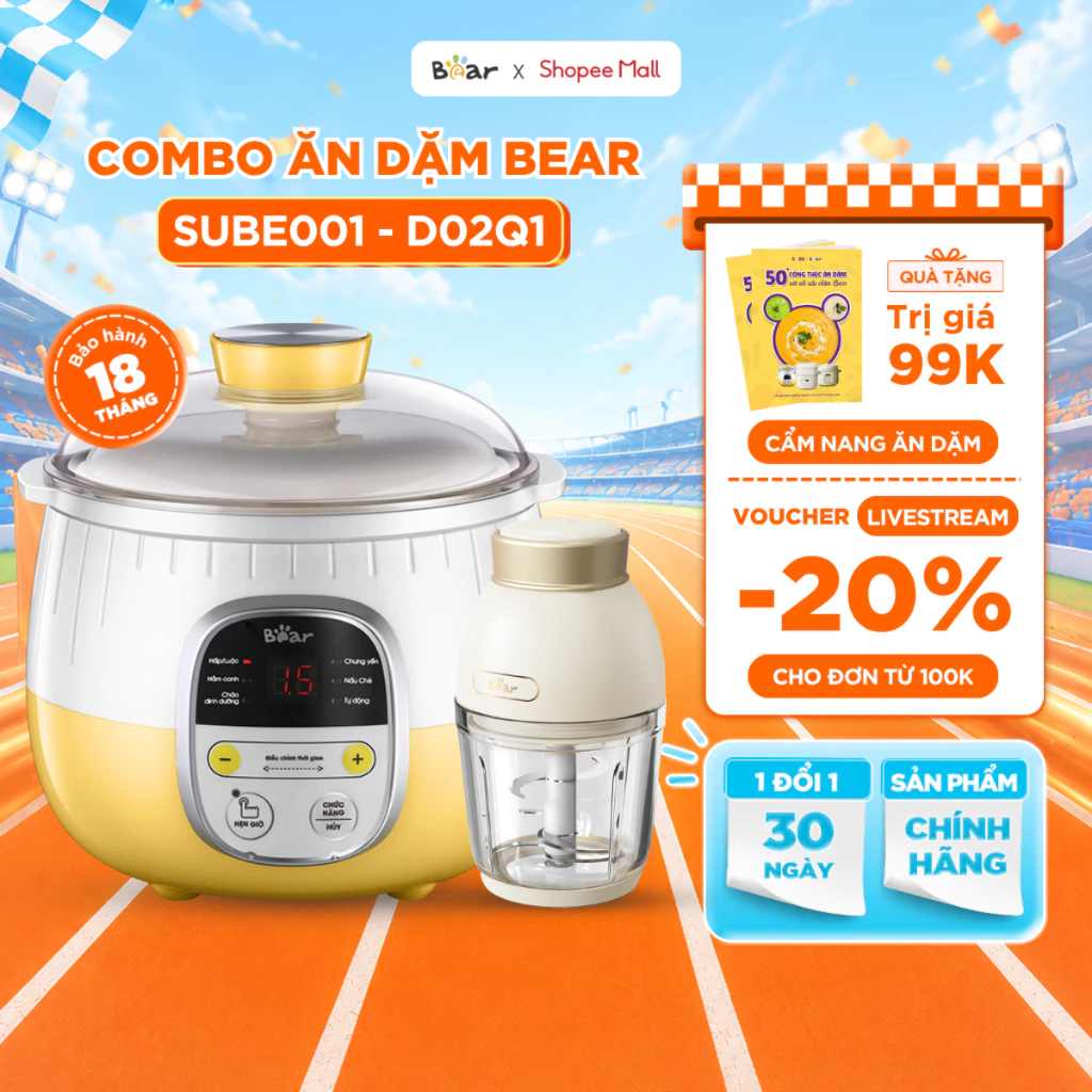 Combo Nồi Nấu Cháo Chậm 0.8L BEAR SUBE001 và Máy Xay Ăn Dặm Cho Bé Mini Cầm Tay D02Q1 Tiện Lợi 6 Lưỡi Dao Sắc Bén