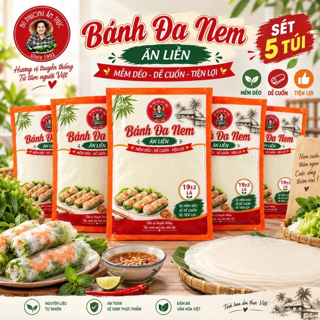 Combo 5 Túi Bánh Đa Nem Ăn Liền Bu Phương | Bánh Tráng Cuốn Nem, Cuốn Gỏi, Hải Sản