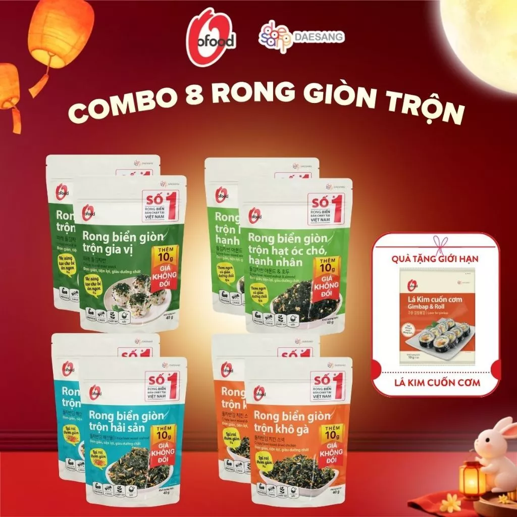 [O'FOOD VN] COMBO 8 GÓI RONG BIỂN GIÒN TRỘN O'FOOD 40G – 4 VỊ | TẶNG 1 GÓI LÁ KIM CUỐN CƠM