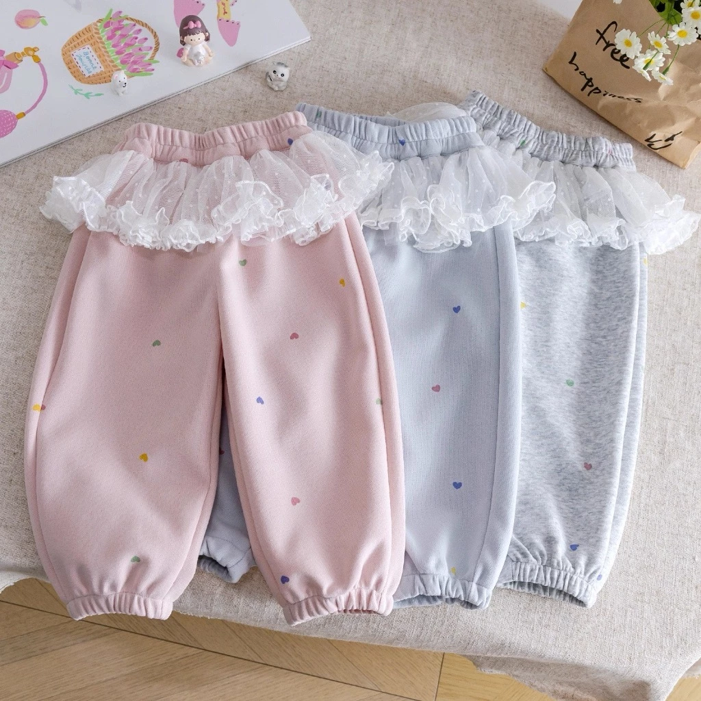 Quần dài dáng bom bé gái bo chun gấu cạp phối ren voan tầng in trái tim nhỏ xinh H&2T Baby Kid - S23
