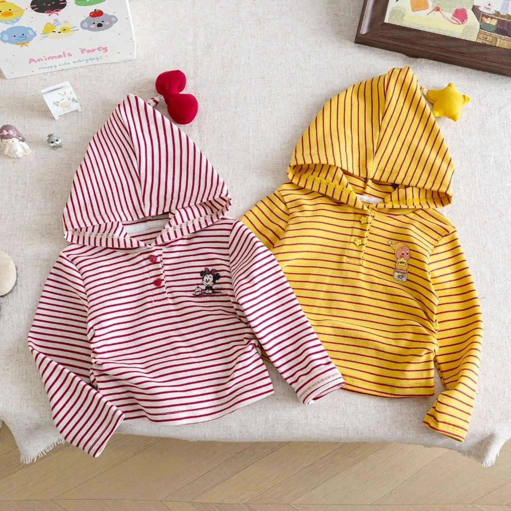 Áo thun nỉ thu đông bé gái có mũ trùm đầu đính quả bông kẻ sọc thêu hoạt hình xinh xắn H&2T Baby Kid - S24