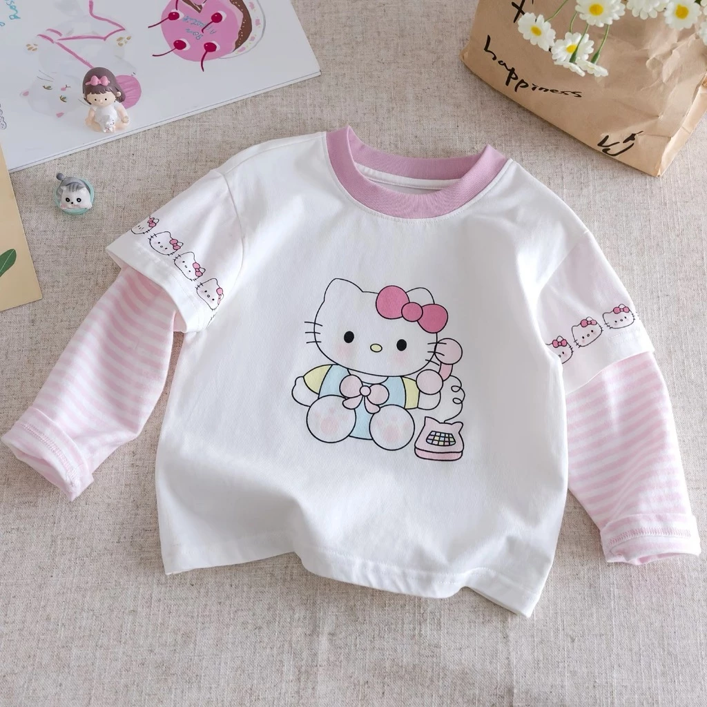 Áo thun dài tay bé gái giả hai mảnh in hình tay kẻ sọc xinh xắn H&2T Baby Kid - S25