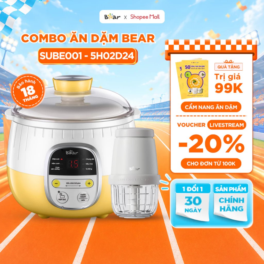 Combo Nồi Nấu Cháo Chậm Bear 0.8L SUBE001 và Máy Xay Ăn Dặm 0.3L CH-5H02D24 Cho Bé Ăn Dặm Nồi Nấu Chậm Máy Xay Thực Phẩm