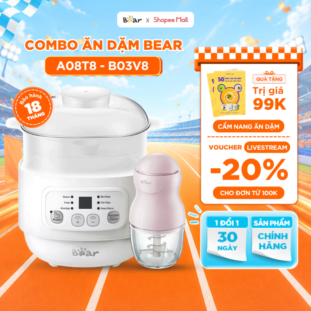 Combo Nồi Nấu Cháo Chậm BEAR 0.8L A08T8 Và Máy Xay Đồ Ăn Dặm Cho Bé 8 Lưỡi Bản Nâng Cấp B03V8