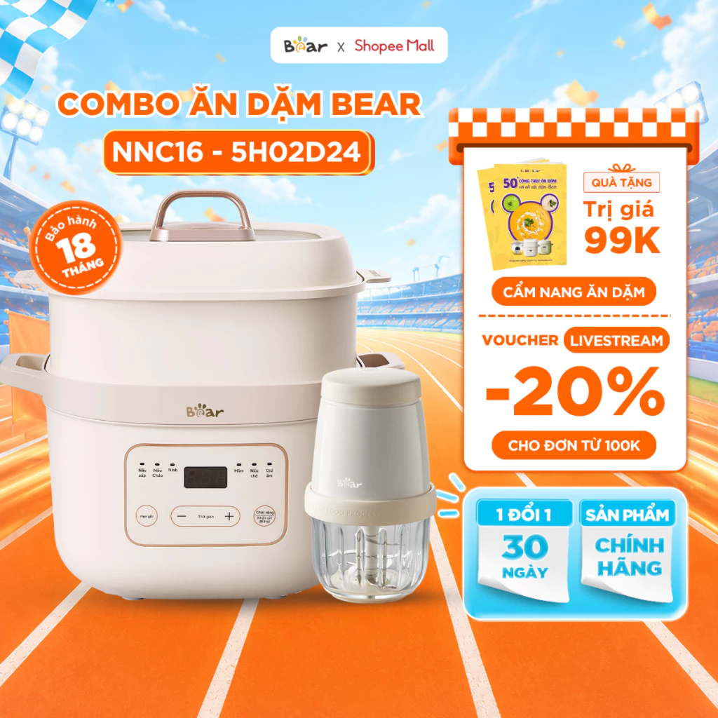 Combo Nồi Nấu Cháo Chậm Bear 1.6L NNC16 và Máy Xay Ăn Dặm 0.3L CH-5H02D24 Cho Bé Ăn Dặm Nồi Nấu Chậm Máy Xay Thực Phẩm