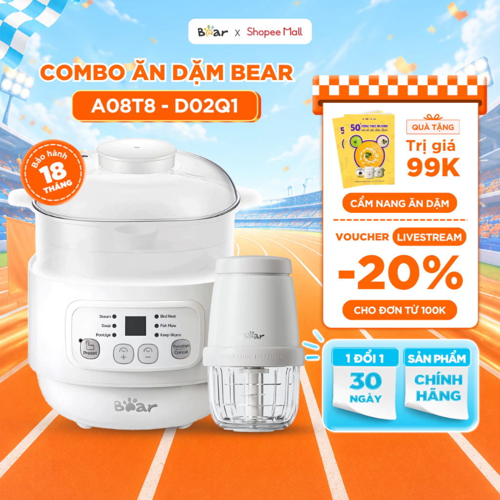 Combo Nồi Nấu Cháo Chậm Bear 0.8L A08T8 và Máy Xay Ăn Dặm 0.3L CH-5H02D24 Cho Bé Ăn Dặm Nồi Nấu Chậm Máy Xay Thực Phẩm