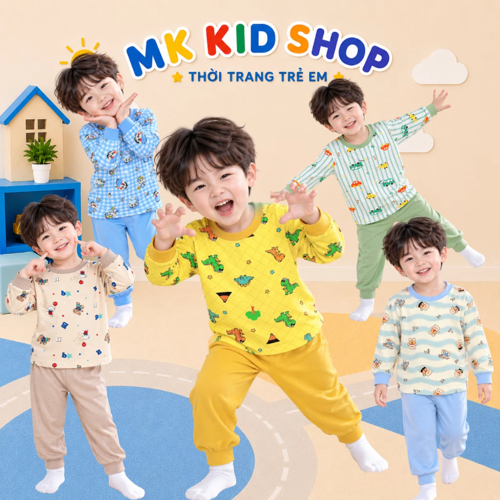 Bộ Thu Đông Dài Tay Cho Bé 7-25Kg, Bộ Thun Lạnh Mềm Mát Họa Tiết Kusin Gấu dễ thương Đồ Ngủ Mặc nhà