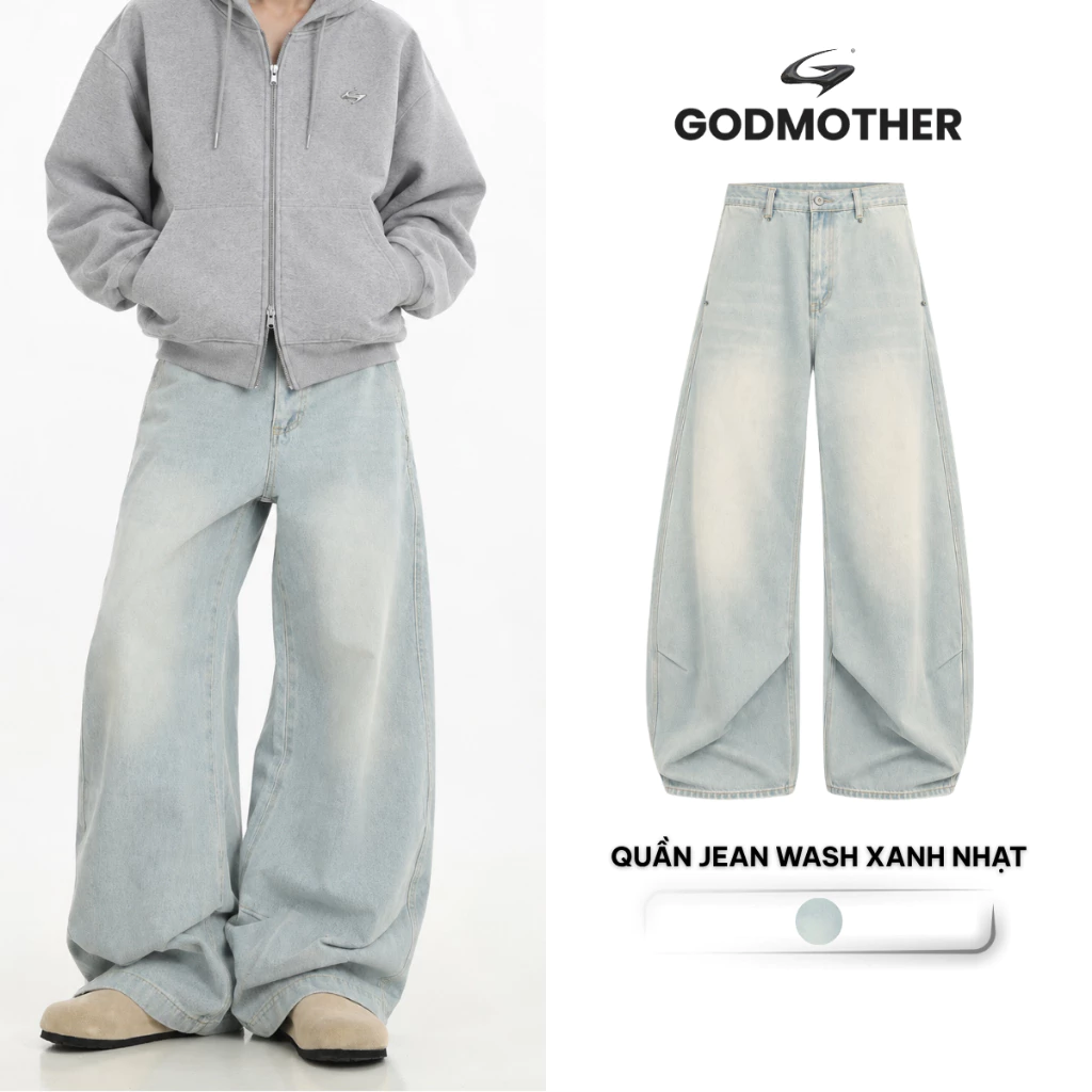 Quần Jean Xanh Nhạt Ống Rộng GODMOTHER 2026 Màu Wash Xanh Form Rộng Trẻ Trung Unisex