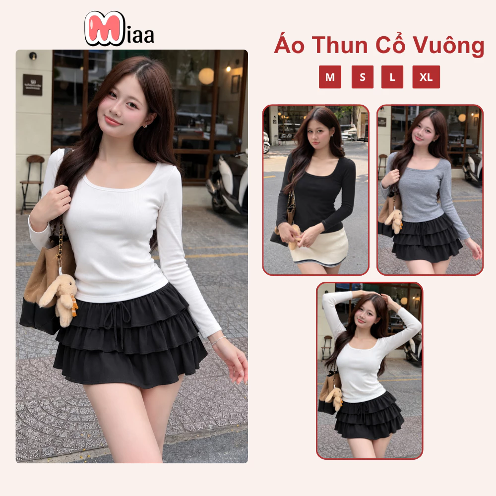 Áo Thun Cổ Vuông Dài tay Siêu co giãn MIAA mềm mịn chất Cotton Lông Mịn dày dặn, áo dài tay cổ vuông