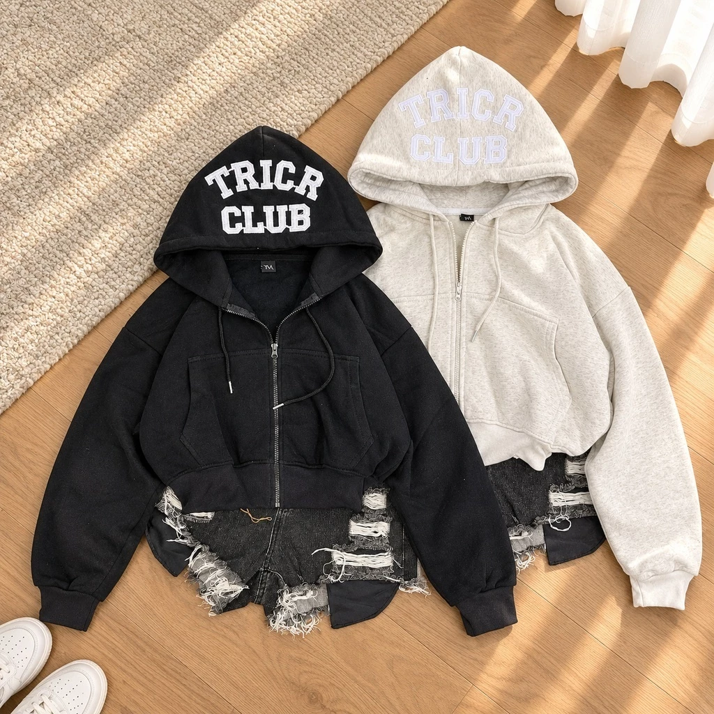 Áo Khoác Hoodie Zip Nữ Form Boxy Dáng Lững TOMANO Vải Nỉ Dày Tay Phồng Nón Rộng Chống Nắng - KNL02