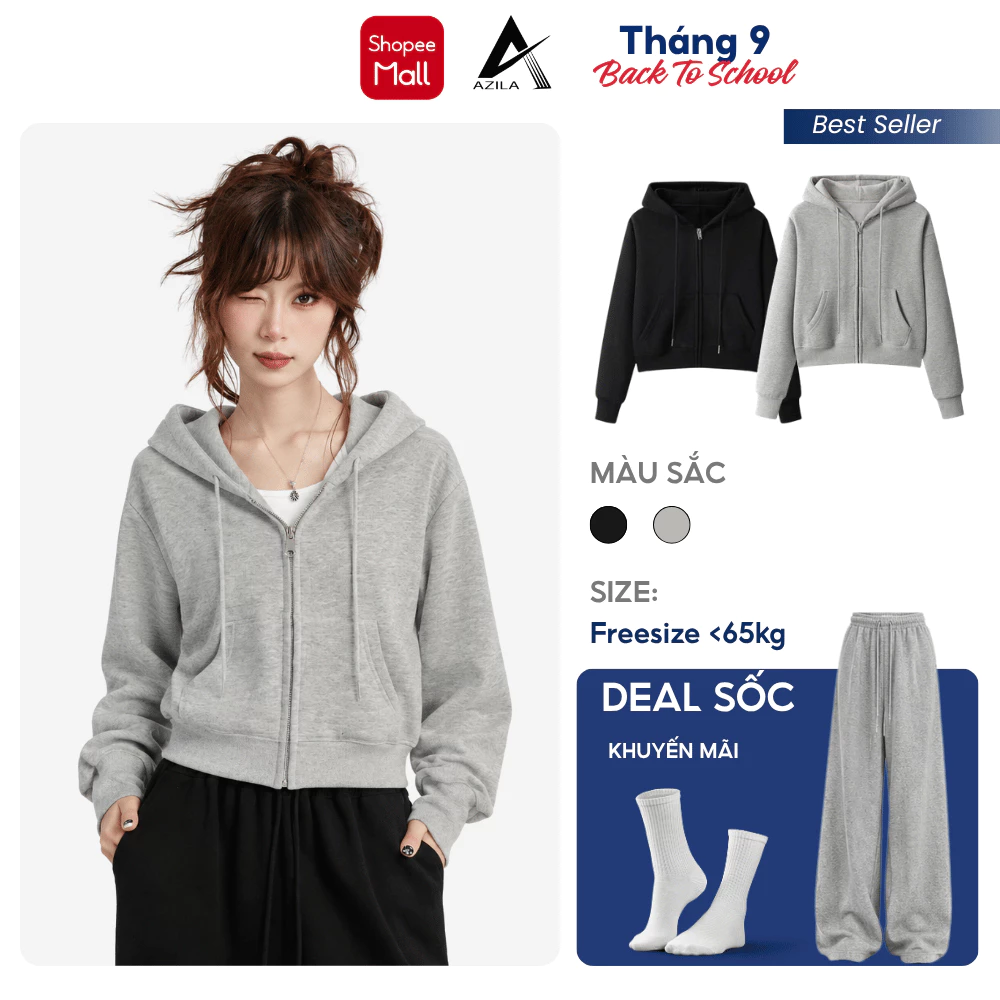 Áo Hoodie Zip AZILA Dáng Croptop Mũ Rộng Siêu Xinh, Áo Khoác Nỉ 2 Da Dày Dặn Không Bai Xù, Không Dão Zip20
