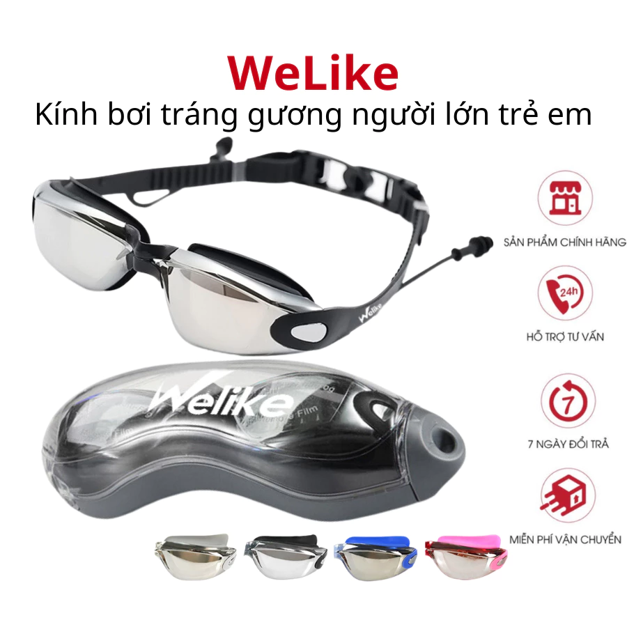 Kính bơi tráng gương Welike Tặng hộp Kính bơi cận người lớn trẻ em cao cấp chống nước an toàn cho bé chống mờ bảo vệ mắt