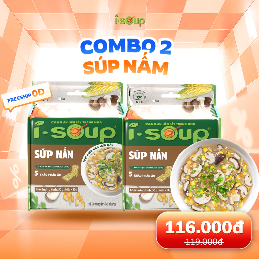 Combo 2 Túi Súp Ăn Liền Sấy Thăng Hoa ISoup - Súp Nấm Chay