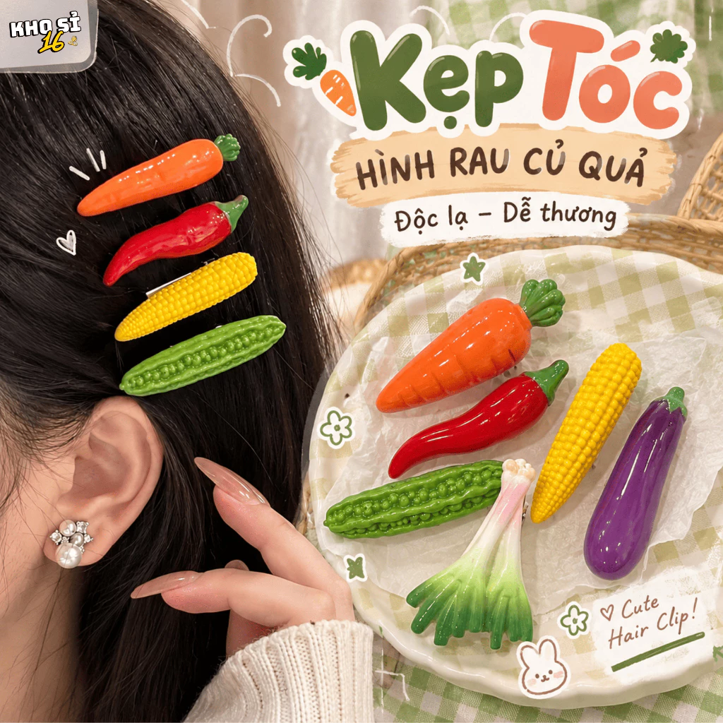 Kẹp Tóc Hình Cà Rốt Ớt Bắp Cà Tím Khổ Qua Hành Lá Nhiều Màu Phong Cách Hàn Quốc Nhỏ Xinh Đáng Yêu_khosi16-KT22