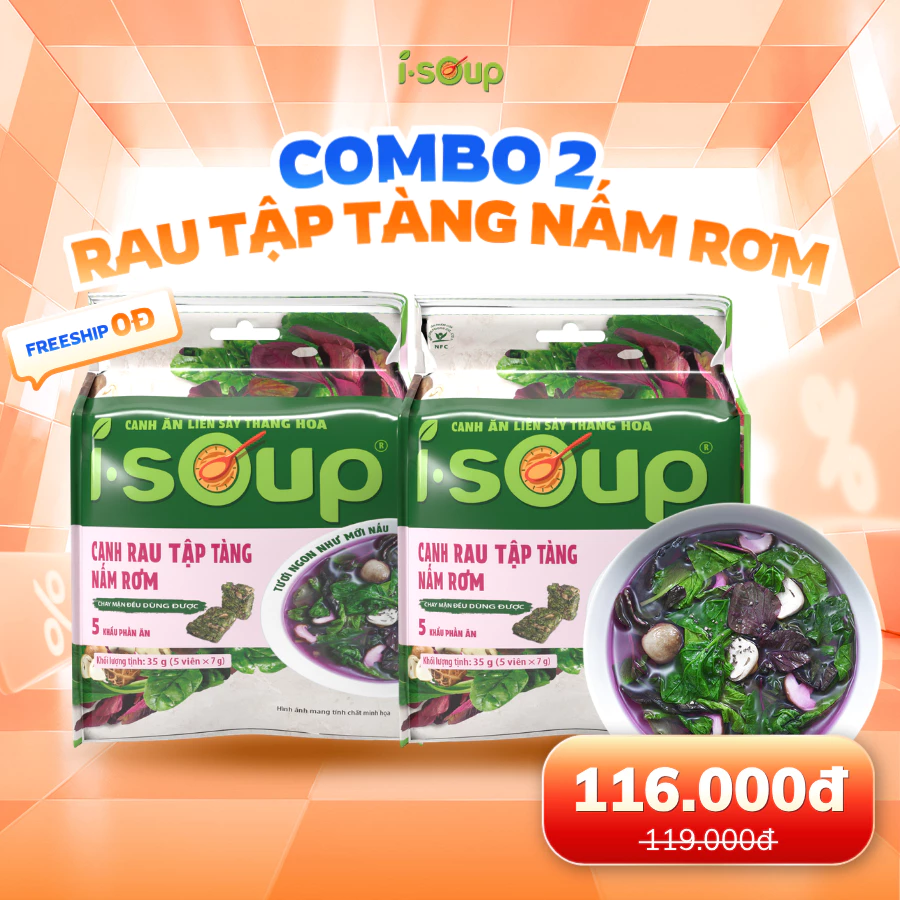 Combo 2 Túi Canh Ăn Liền Sấy Thăng Hoa ISoup - Canh Rau Tập Tàng Nấm Rơm