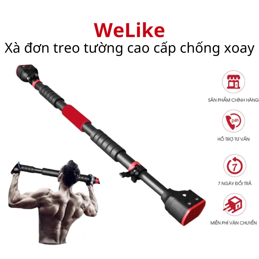 Xà đơn treo tường cao cấp Welike - Thanh xà đơn có chốt chống xoay, điều chỉnh độ dài từ 113 đến 160cm tập luyện tại nhà