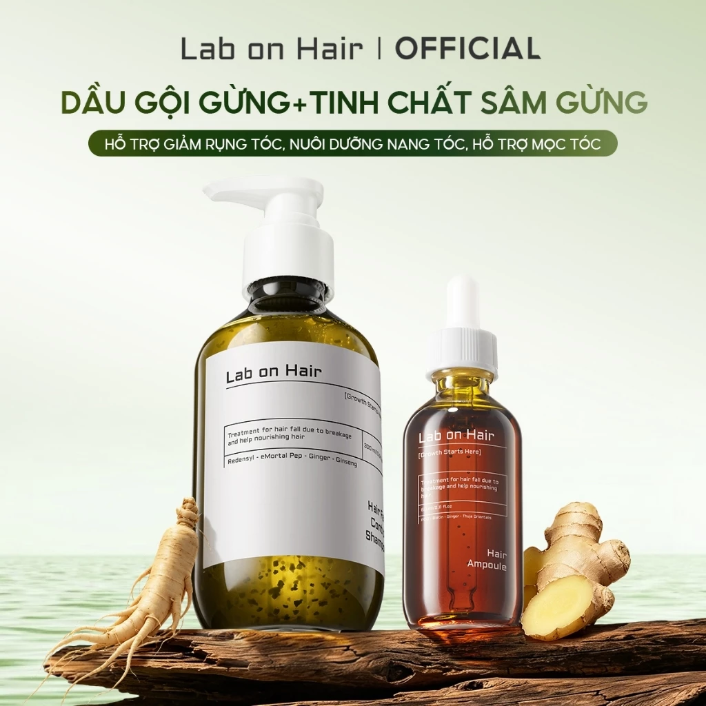 Combo Dầu gội+Tinh chất sâm gừng  Lab on Hair giảm gẫy rụng tóc với thành phần Biotin Gừng và chiết xuất thực vật