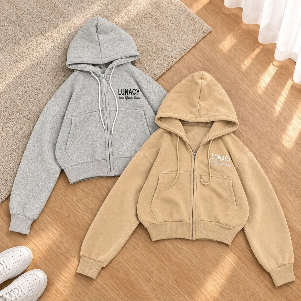 Áo Khoác Hoodie Zip Nữ Form Boxy Dáng Lững TOMANO Vải Nỉ Dày Tay Phồng Nón Rộng Chống Nắng - KNL06