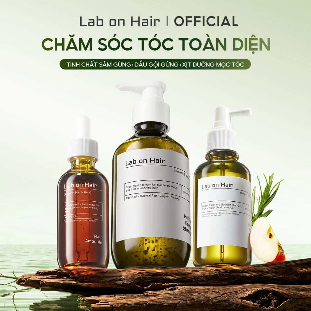 Combo xịt mọc tóc + dầu gội gừng + Tinh chất sâm gừng Lab on Hair  giảm gẫy rụng tóc  160ml+300ml+60ml
