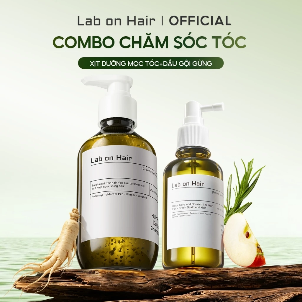 Combo xịt mọc tóc+ dầu gội gừng Lab on Hair dưỡng tóc 160ml+300ml hỗ trợ dưỡng ẩm và cải thiện tình trạng tóc hư tổn