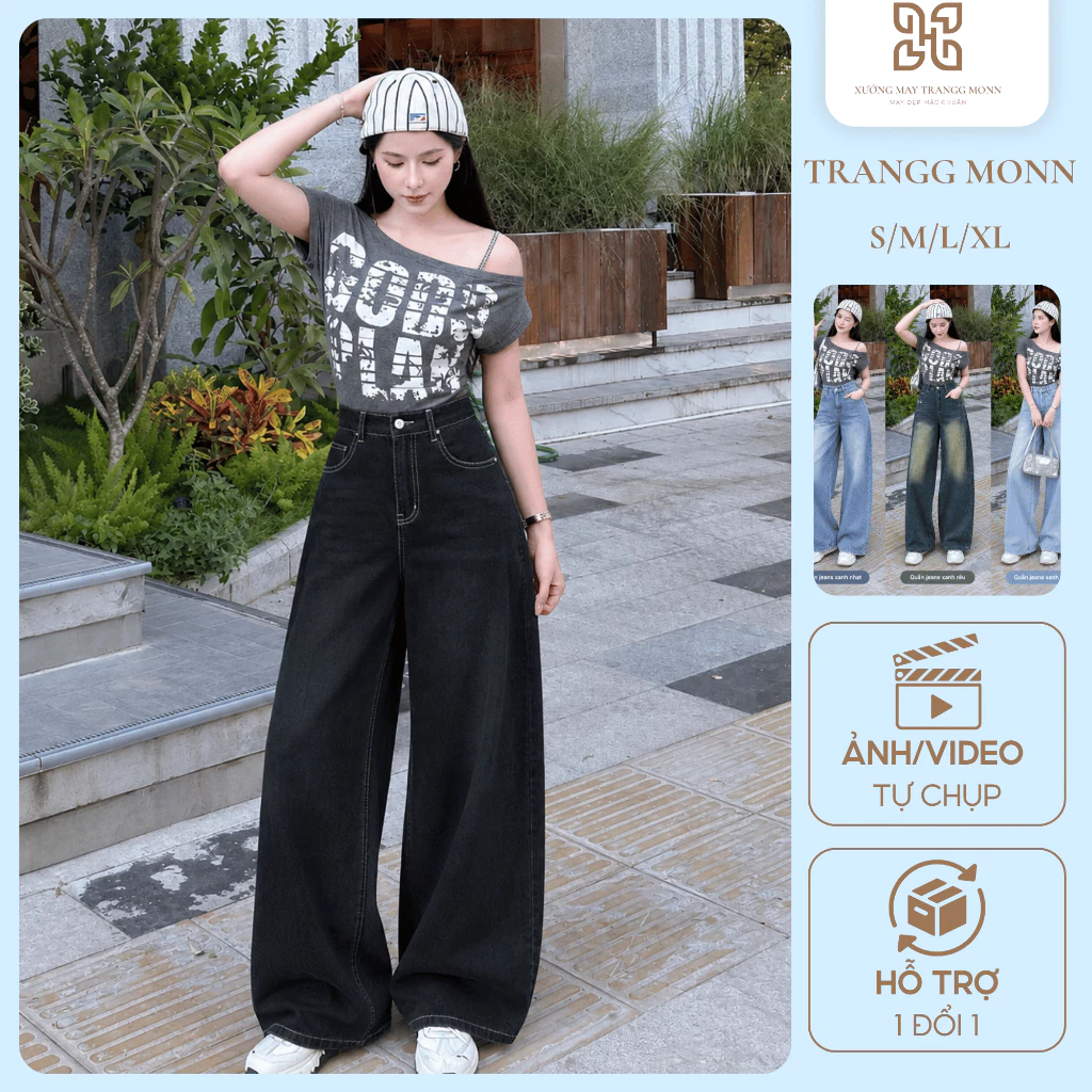 Quần Jeans  Ống Rộng ,Suông khóa Ống Rộng Wash Cạp Cao ,Form Rộng ,Quần Bò Ống Rộng Suông Lưng Cao