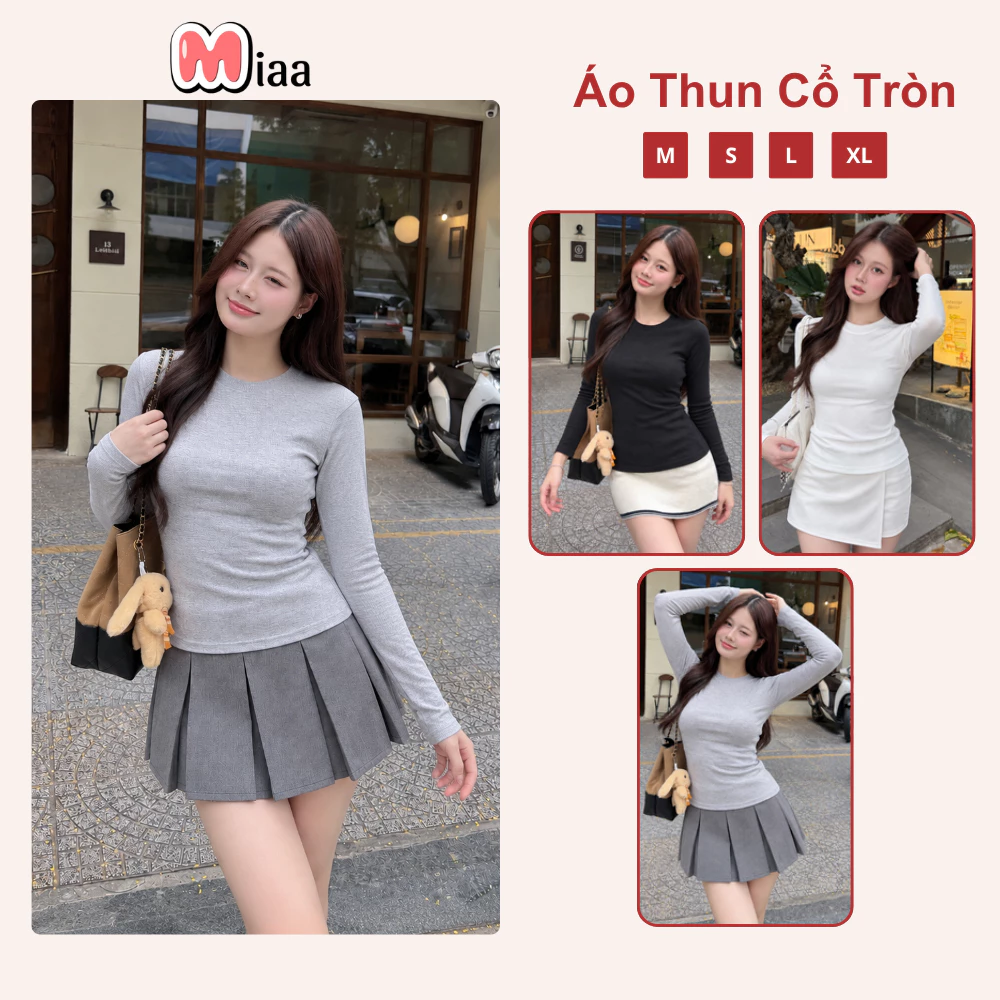 Áo Thun Giữ Nhiệt Dài Tay Cổ Tròn Siêu Co Giãn Mềm Mịn MIAA  Chất Cotton Lông Mịn Dày Dặn , Áo thun cổ tròn dáng body đủ