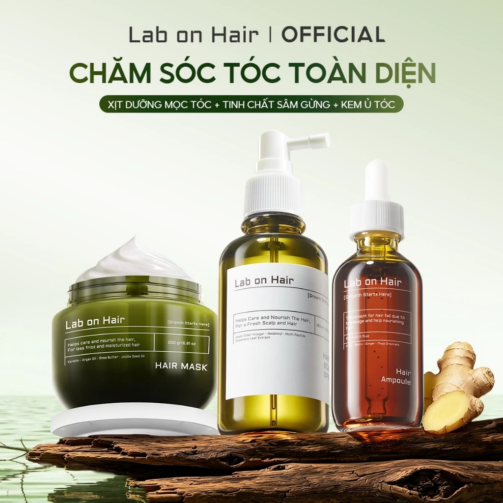 Combo xịt mọc tóc + Tinh chất sâm gừng + Kem Ủ Tóc  Lab on Hair  giảm gẫy rụng tóc  160ml+60ml+250ml