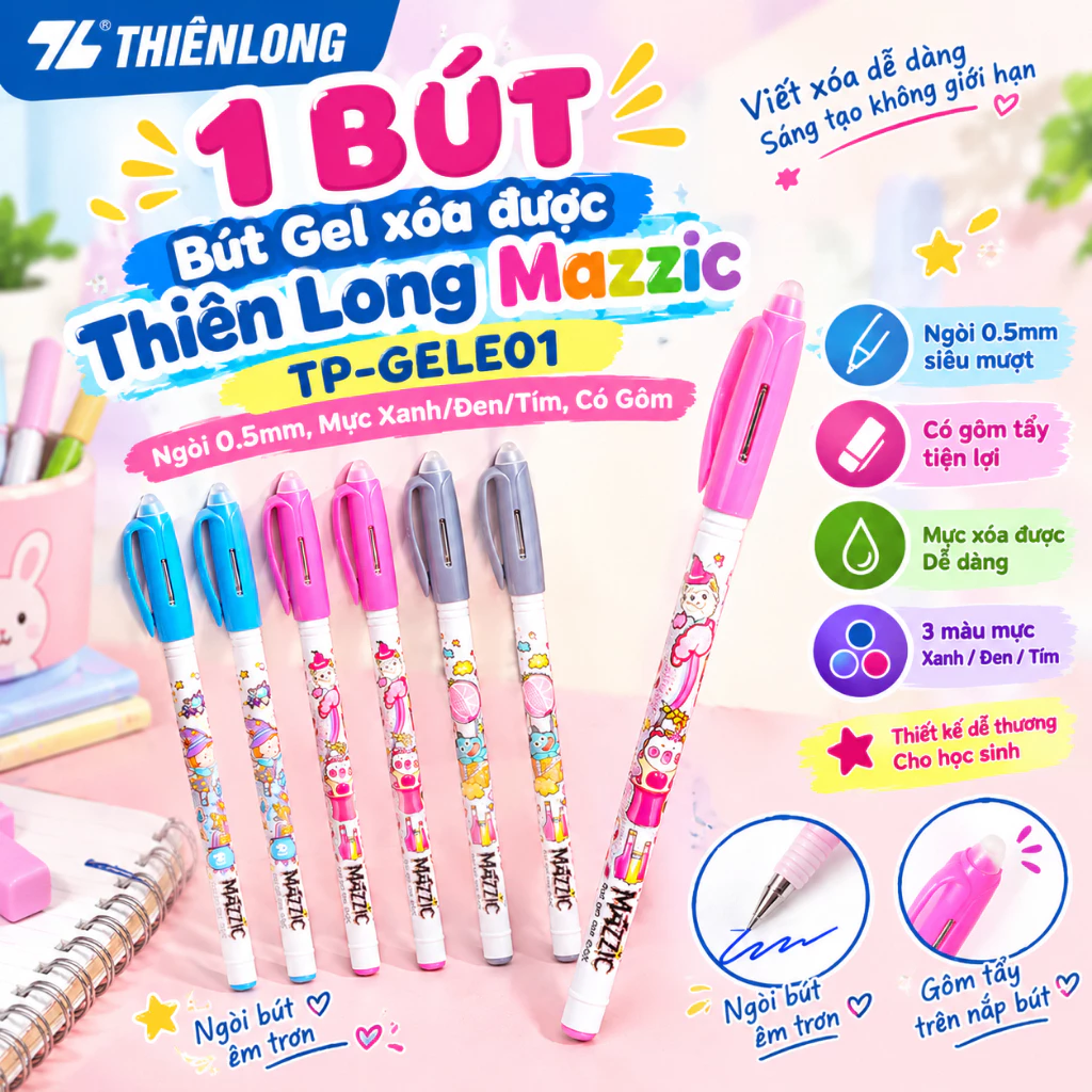 [Link 1 Bút] Bút Gel xóa được Thiên Long TP-GELE01 – Ngòi 0.5mm, Mực Xanh/Đen/Tím, Có Gôm
