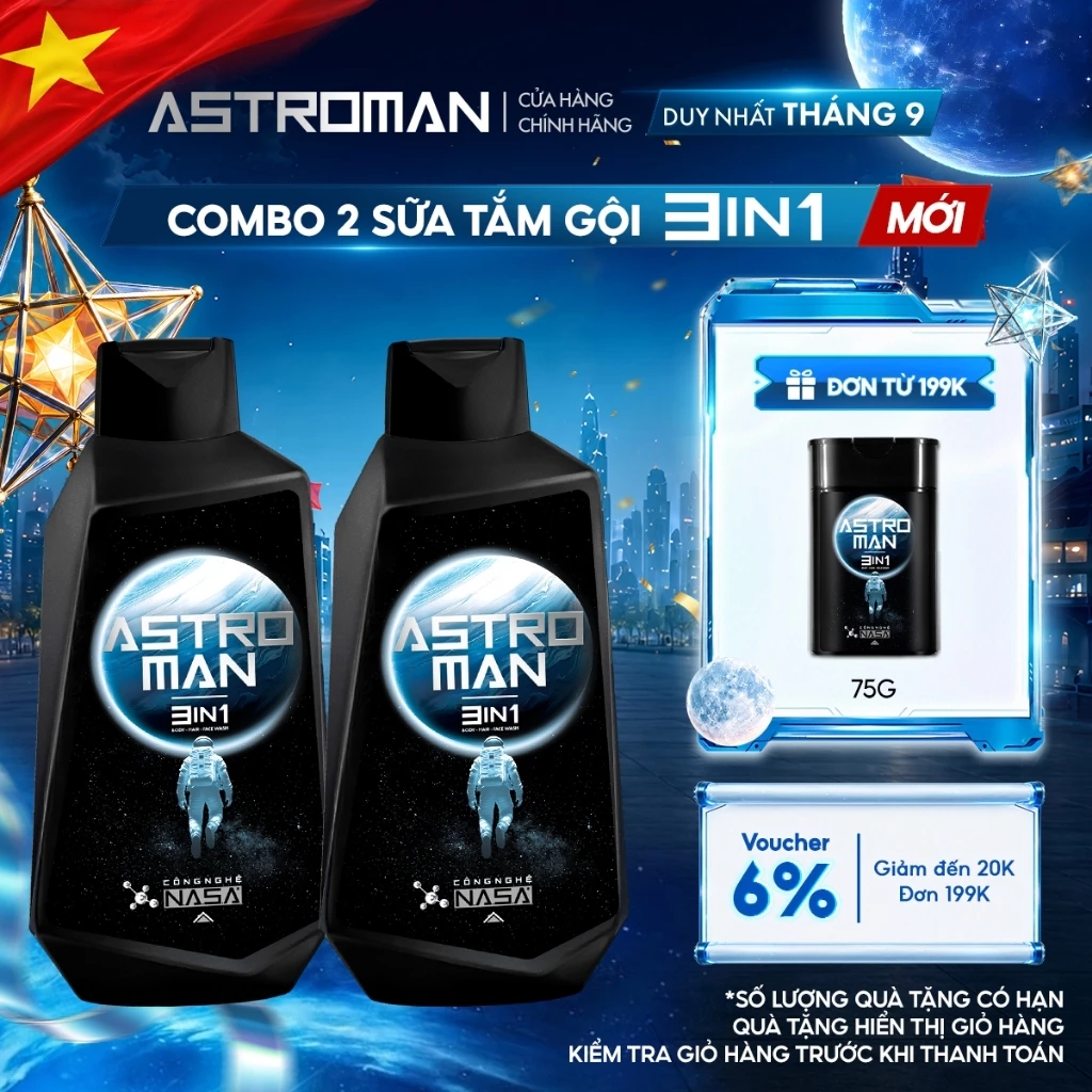 Combo 2 Sữa Tắm Gội Nam 3in1 ASTROMAN 350Gx2 Lưu Hương Dài Lâu, Dịu Nhẹ Cho Da
