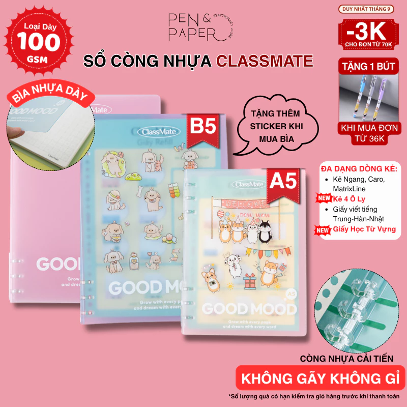 [Tặng Sticker] Sổ Còng ClassMate Còng Nhựa Không Gãy Không Gỉ Bìa Nhựa Dày Cao Cấp Thay Giấy Refill Kẻ Ngang/Caro/ÔLy